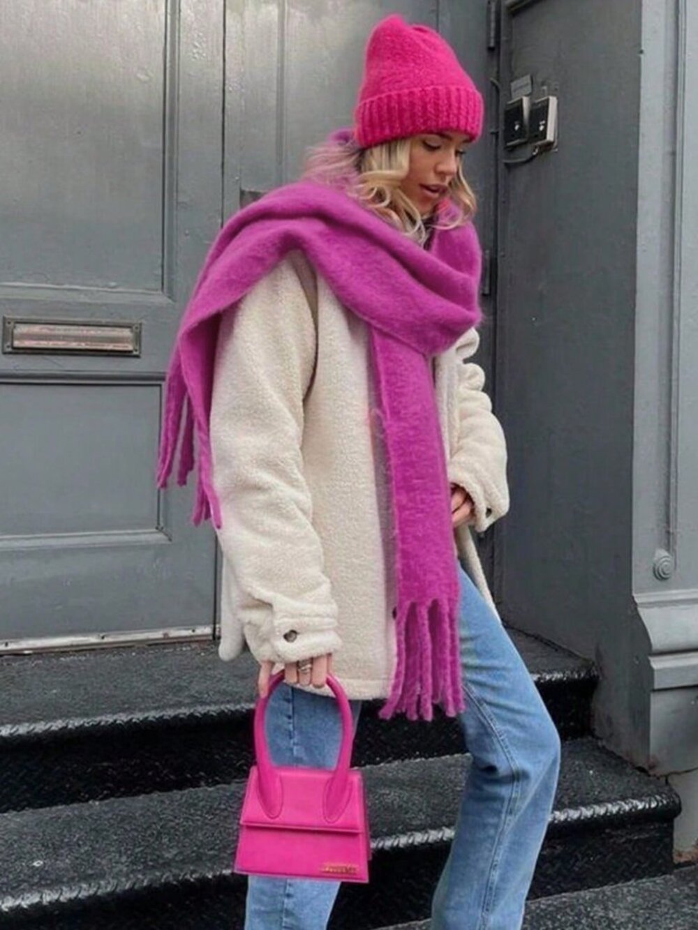 Pink Casual Women's Cozy warm Large Fluffy Tassel Scarf